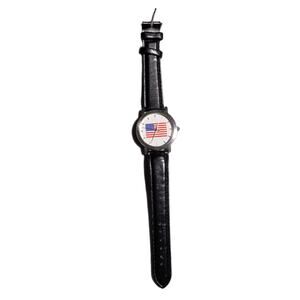 Vtg 1990s Women's American Flag Face Black Leather Band Quartz Wrist Watch